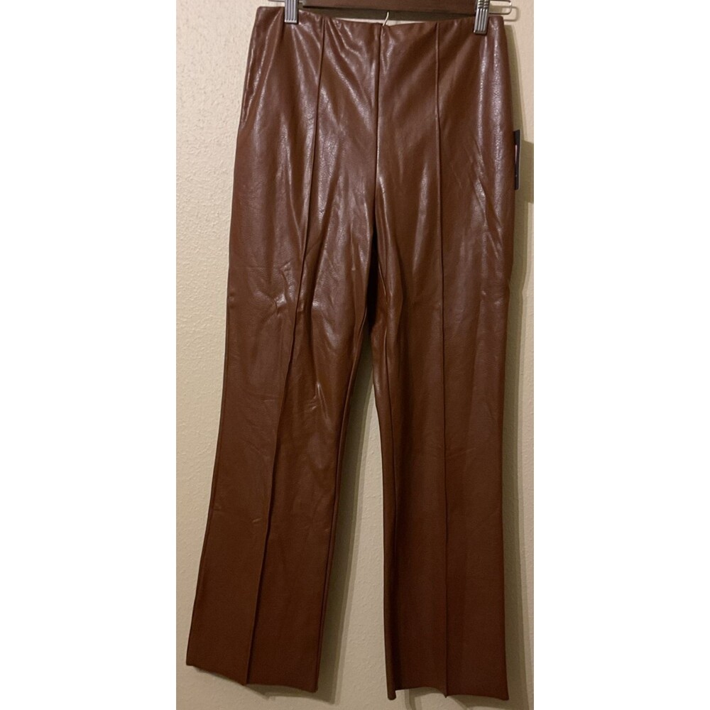 NWT L.ysse Hi-Waist Vegan Leather Flare Pants Whiskey M raw unhemmed 13-3445-M8